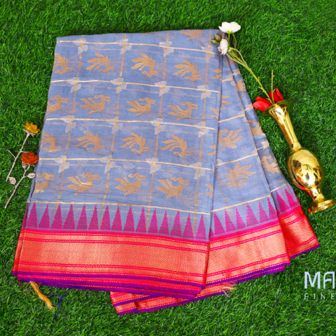 Grey Jamdani saree with red temple border and all over motifs. Mayukhafabs