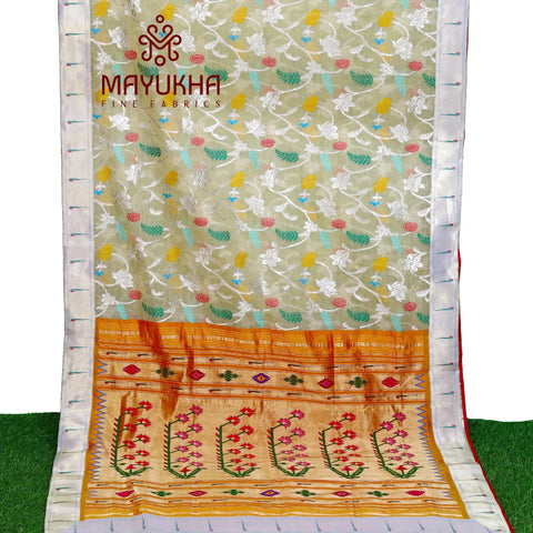 Lemon yellow with flower and leaf Banarsi Sarees Mayukhafabs