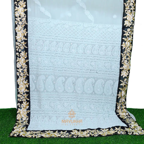 Light Grey flower boarder Chikankari & Parsi Garga Saree Mayukhafabs