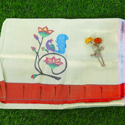 Lime green and red Paithani blouse with floral and peacock motifs Mayukhafabs