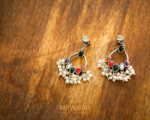 Multi Stoned Chime Style Pure Silver Earrings Mayukhafabs