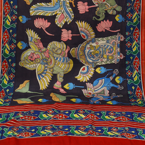 Navy blue double ikkat Patan Patola and pen kalamkari saree with divine figure motifs Mayukhafabs