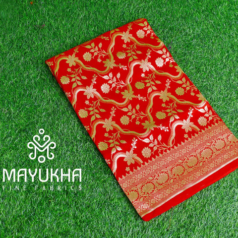 Red Floral & Leaves Banarsi Sarees Mayukhafabs