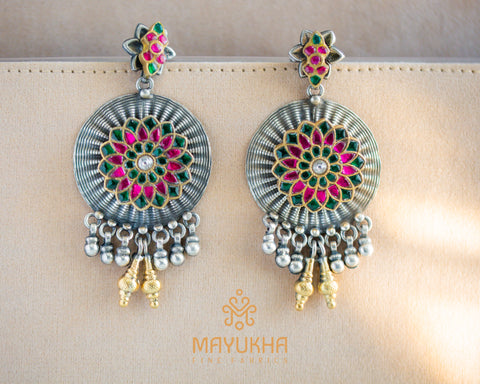Red & Green Stoned Chandbali Designer Earrings - Silver Mayukhafabs