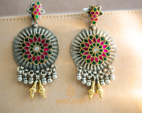 Red & Green Stoned Chandbali Designer Earrings - Silver Mayukhafabs