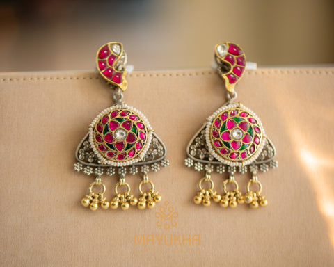 Red with Green Stoned Designer Earrings - Silver Mayukhafabs