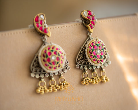 Red with Green Stoned Designer Earrings - Silver Mayukhafabs