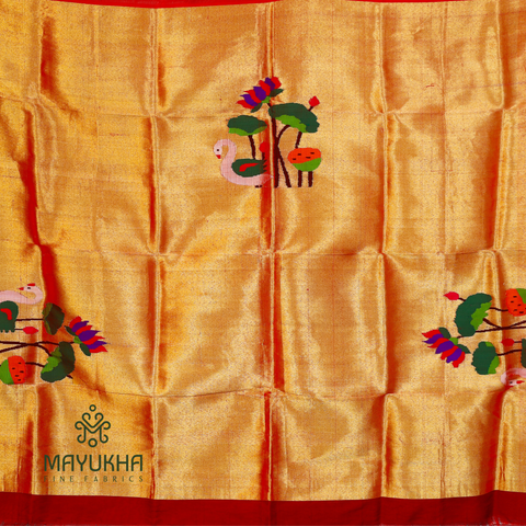 Reddish gold pure Paithani blouse with lotus and bud motifs. Mayukhafabs