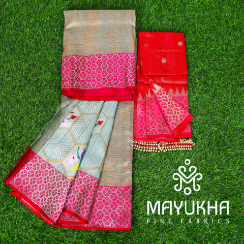 Sea green and red zari kota saree with bird motifs Mayukhafabs