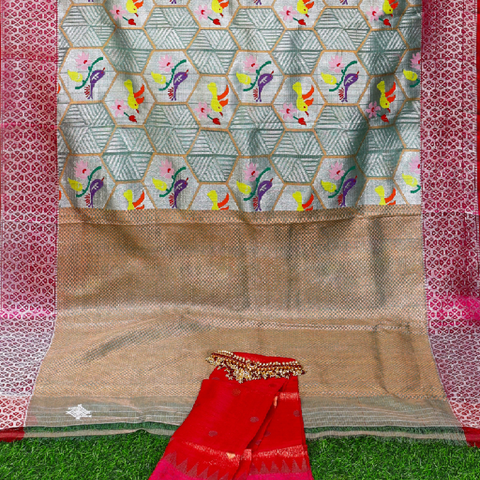 Sea green and red zari kota saree with bird motifs Mayukhafabs