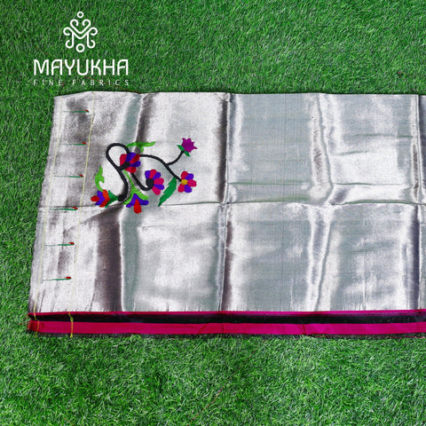 Silver with Flower Butis Paithini Blouse Mayukhafabs
