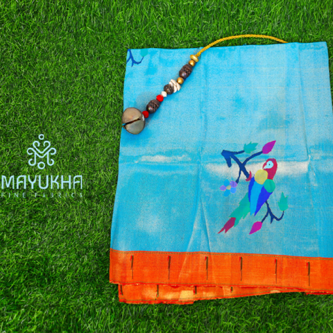 Sky blue and orange paithani blouse with parrot motifs Mayukhafabs