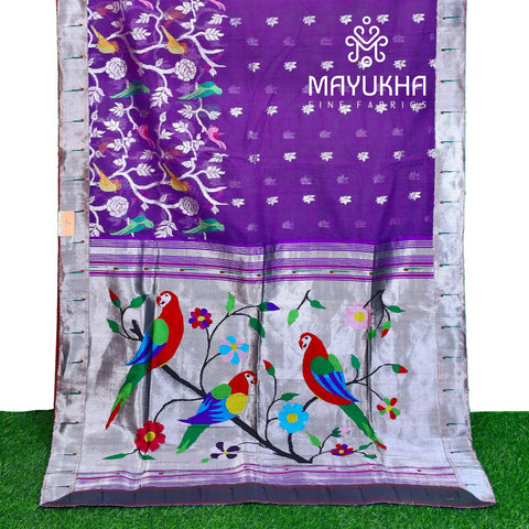 Violet with Bird and Flower Zarikota Fused Paithini Sarees Mayukhafabs