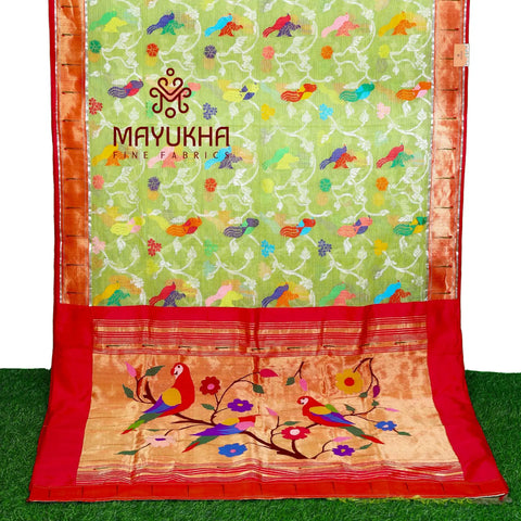 Yellow with bird  Zarikota Fused Paithini Sarees Mayukhafabs