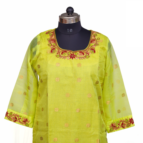 lemon green zari kota kurta with buttis and embroidery work. Mayukhafabs