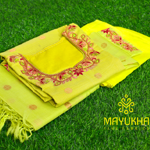 lemon green zari kota kurta with buttis and embroidery work. Mayukhafabs