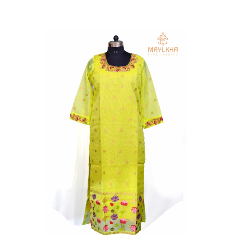 lemon green zari kota kurta with buttis and embroidery work. Mayukhafabs