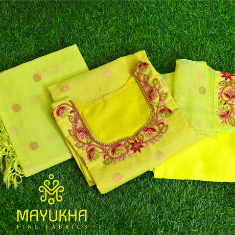 lemon green zari kota kurta with buttis and embroidery work. Mayukhafabs